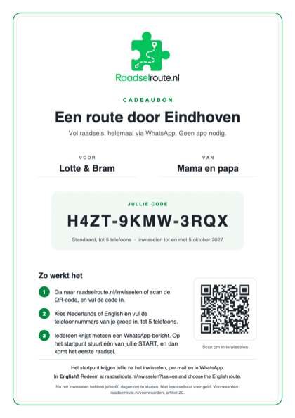 Voorbeeld van de cadeaubon: logo, de stad, voor wie en van wie, de code, en hoe je hem inwisselt